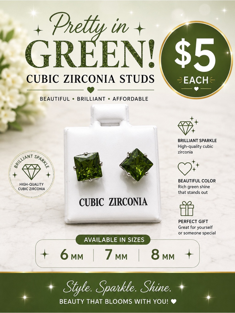 🩷. Green Cubic Zirconia Square Stud Earrings - Rich Green Stone